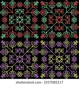 India stitch Kasuti embroidery fabric pattern needle work seamless geometric abstract culture decorative hand drawn tribal asian template printed colorful line artwork black background quilt wallpaper