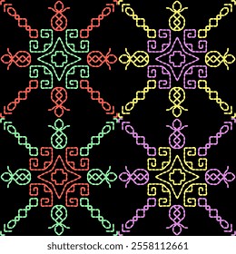India stitch Kasuti embroidery fabric pattern needle work seamless geometric abstract culture decorative hand drawn tribal asian template printed colorful line artwork black background quilt wallpaper