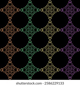 India stitch Kasuti embroidery fabric pattern needle work seamless geometric abstract culture decorative hand drawn tribal asian template printed colorful line artwork black background quilt wallpaper