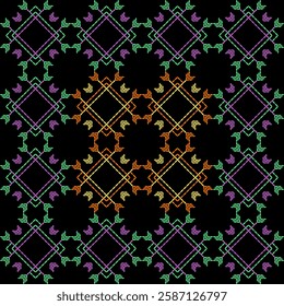 India stitch Kasuti embroidery fabric pattern needle work seamless geometric abstract culture decorative hand drawn tribal asian template printed colorful line artwork black background quilt wallpaper