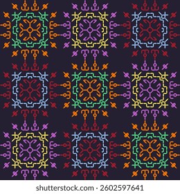 India stitch Kasuti embroidery fabric pattern needle work seamless geometric abstract culture decorative hand drawn tribal asian template printed colorful line artwork black background quilt wallpaper