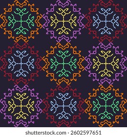 India stitch Kasuti embroidery fabric pattern needle work seamless geometric abstract culture decorative hand drawn tribal asian template printed colorful line artwork black background quilt wallpaper