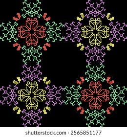 india stitch Kasuti needle work embroidery abstract artwork seamless geometric pattern printed background fabric wallpaper hand drawn line colofful black 
