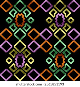 india stitch Kasuti needle work embroidery abstract artwork seamless geometric pattern printed background fabric wallpaper hand drawn line colofful black 
