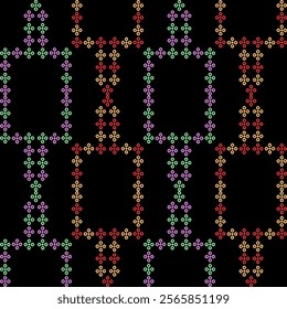 india stitch Kasuti needle work embroidery abstract artwork seamless geometric pattern printed background fabric wallpaper hand drawn line colofful black 
