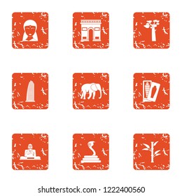 India style icons set. Grunge set of 9 india style vector icons for web isolated on white background