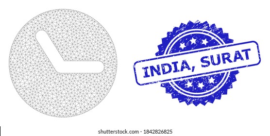India, Surat corroded seal and vector time mesh model. Blue stamp seal contains India, Surat text inside rosette. Abstract flat mesh time, created from flat mesh.