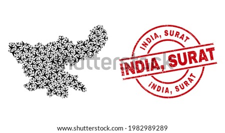 India, Surat rubber badge, and Jharkhand State map collage of jet vehicle items. Collage Jharkhand State map constructed of airplanes. Red watermark with India, Surat tag, and unclean rubber texture.
