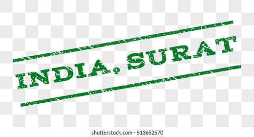 India, Surat watermark stamp. Text tag between parallel lines with grunge design style. Rubber seal stamp with scratched texture. Vector green color ink imprint on a chess transparent background.