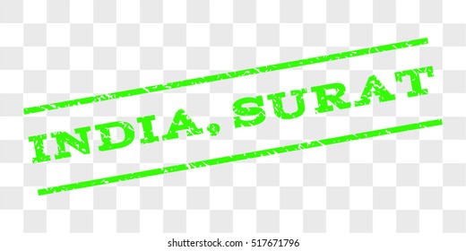 India, Surat watermark stamp. Text caption between parallel lines with grunge design style. Rubber seal stamp with dirty texture.