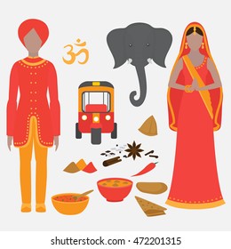 India symbols set. Hinduism design elements. South Asia beautiful woman and man wearing indian traditional cloth.  set of vegetarian healthy food. Holi objects for traditional festival of colors.