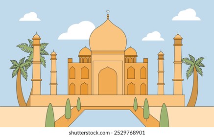 India Taj Mahal. Famous indian palace. East asian culture and architecture. Building and monument. Travel and tourism. Landmark and famous place. Linear vector illustration