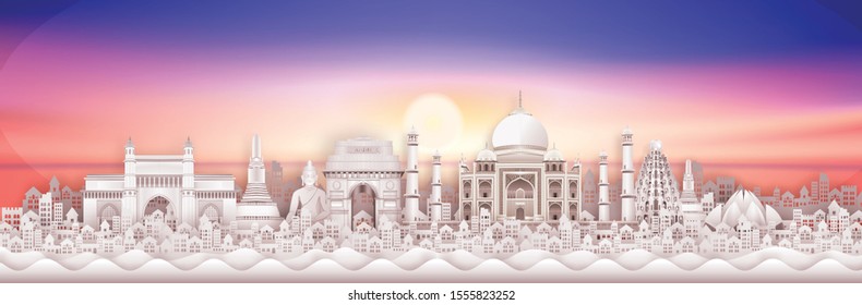 India with Taj Mahal and skyline with world famous landmarks in paper cut style vector illustration