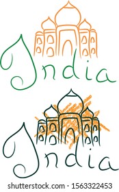 India Taj Mahal tomb temple sketch with color pencil grunge vector illustration