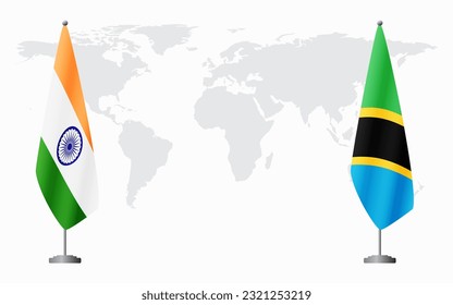 India and Tanzania flags for official meeting against background of world map.