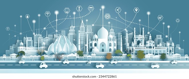 India technology wireless network communication smart city with architecture landmarks India at asia skyline for design banner technology, Vector illustration futuristic icon symbol in panorama view.