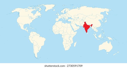 Território da Índia destacado em vermelho em um mapa do mundo minimalista para fins geográficos e educacionais