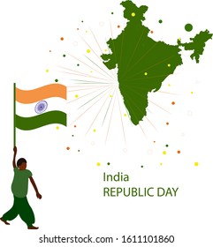 India territory.Indian boy with a flag.Fireworks .Republic day. For your business vector illustration.