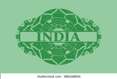 India text inside Green stroke realistic emblem. Eco fashionable background. Vector illustration. 