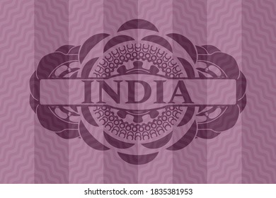 India text inside pink wavy realistic emblem. Curve exquisite background. Illustration. 