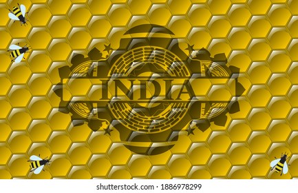 India text inside sweet honey badge. beekeeping fashionable background. Intense illustration. 
