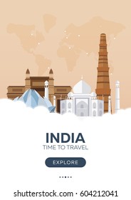 India. Time to travel. Travel poster. Vector flat illustration