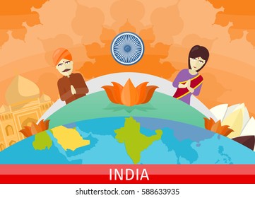 India tourism poster design with attractions on the background of the globe. Time to travel. Taj Mahal and lotus sign. India travel poster design in flat. Travel composition with famous landmarks.