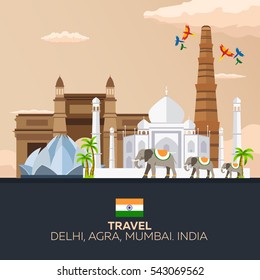 India. Tourism. Travelling illustration Indian. Indian elephant Taj mahal