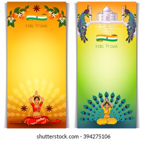India tourism, trip to Asia. Indian popular sights and symbols. Background for travel banners.