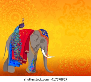 India Traditional Background With Indian Elephants, Mandalas And Peacocks. 