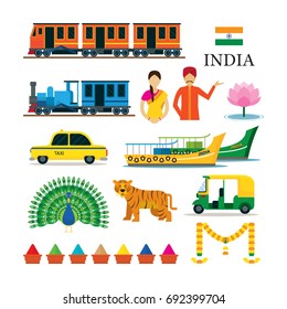 India Transportation and Animals Objects Icons Set, National Symbols, Travel and Tourist Attraction