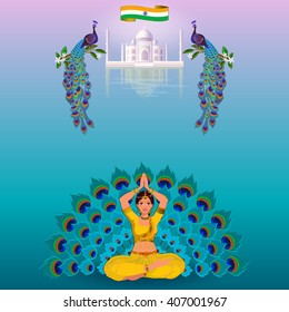 India travel background with an Indian woman meditating. Sights and attractions in India.