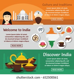 India travel banner horizontal concept set. Flat illustration of 3 India travel vector banner horizontal concepts for web