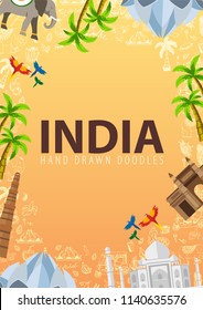 India travel banner. Indian Hand drawn doodles on background. Vector illustration