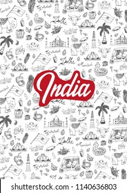 India travel banner. Indian Hand drawn doodles on background. Vector illustration.