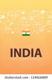 India travel banner. Indian Hand drawn doodles on background. Vector illustration.