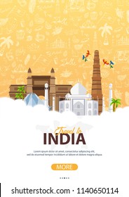 India travel banner. Indian Hand drawn doodles on background. Vector illustration