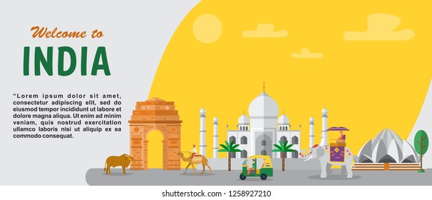 India travel banner landscape of India landmarks, Taj Mahal, Lotus Temple, India Gate vector illustration 