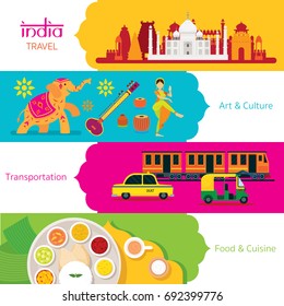 India Travel, Banner Set, Art and Culture, Transportation and Food