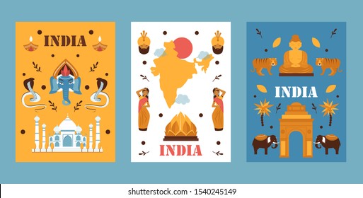 India travel banner, vector illustration. Simple flat design, symbols of Indian culture, tradition, nature and religion. Popular travel destination in Asia, exotic country. Tour brochure cover