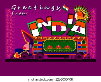 India travel card.Pop-kitsch theme.Indian kitsch mehndi decor.Vector design of truck of India in Indian art style.