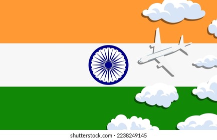 India travel concept. Airplane with clouds on the background of the flag of India. Vector illustration