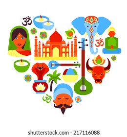 India travel culture religion symbols in heart shape vector illustration