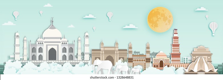 India travel destination background, flat cartoon and paper art landmarks concept.