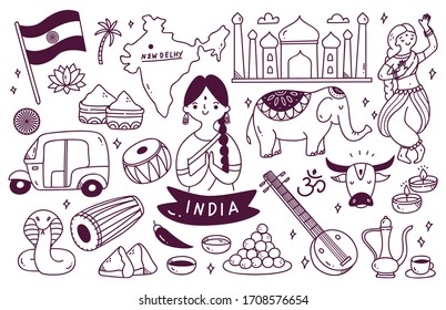 India Travel Destination Doodle Set Vector Illustration