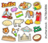 India Travel Elements with Architecture and Lotus. Vector Doodle