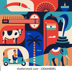 India travel famous landmarks and tourist culture symbols. Icon set, color background. Pepper, candle, sitar, cow, rixa taxi, palm tree, indian elephant, cobra, flag. 