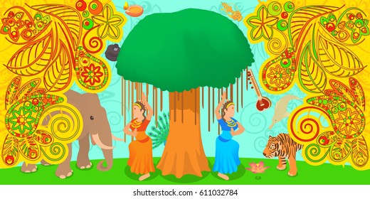 India travel horizontal banner concept. Cartoon illustration of India vector horizontal banner for web