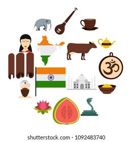 India travel icons set in flat style isolated vector illustration