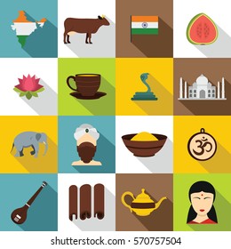 India travel icons set. Flat illustration of 16 India travel vector icons for web